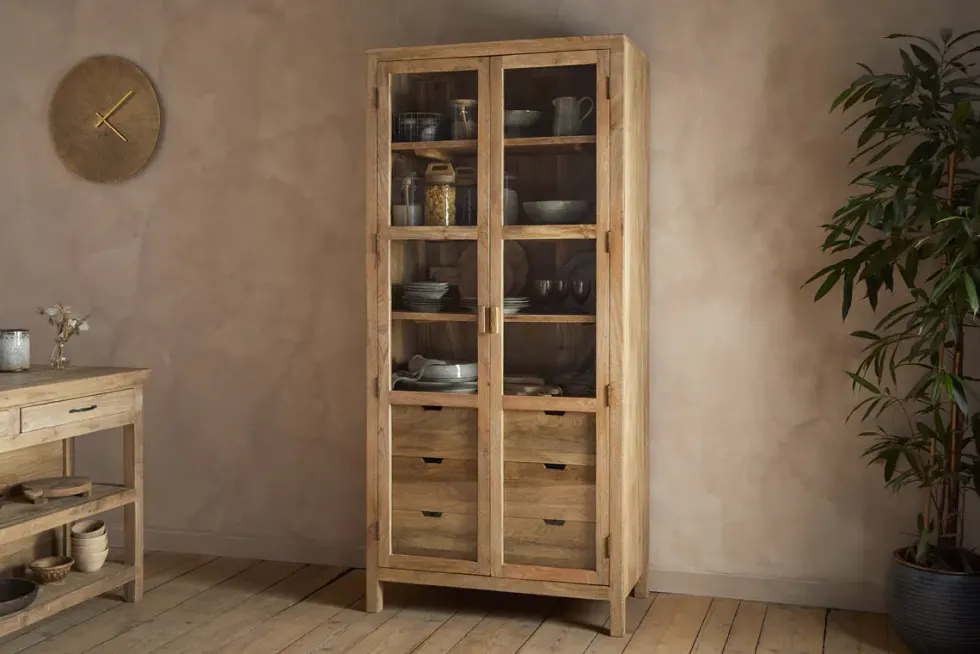 Artha Mango Wood & Glass Tall Cabinet - Natural