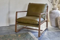 Baloo Acacia Wood & Leather Occasional Chair - Olive Green