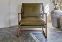 Baloo Acacia Wood & Leather Occasional Chair - Olive Green