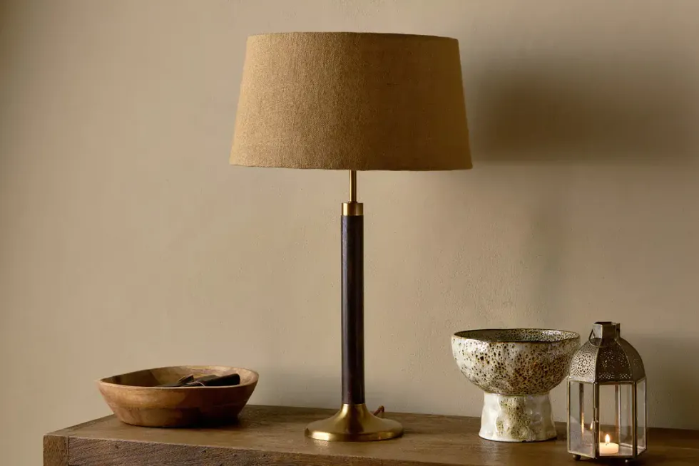 Digha Wood & Metal Table Lamp - Dark Stain & Antique Brass