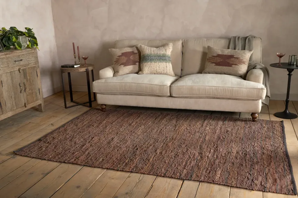 Ele Handwoven Recycled Leather Rug - Tan