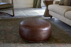 Farida Leather Weave Pouf - Chocolate Brown