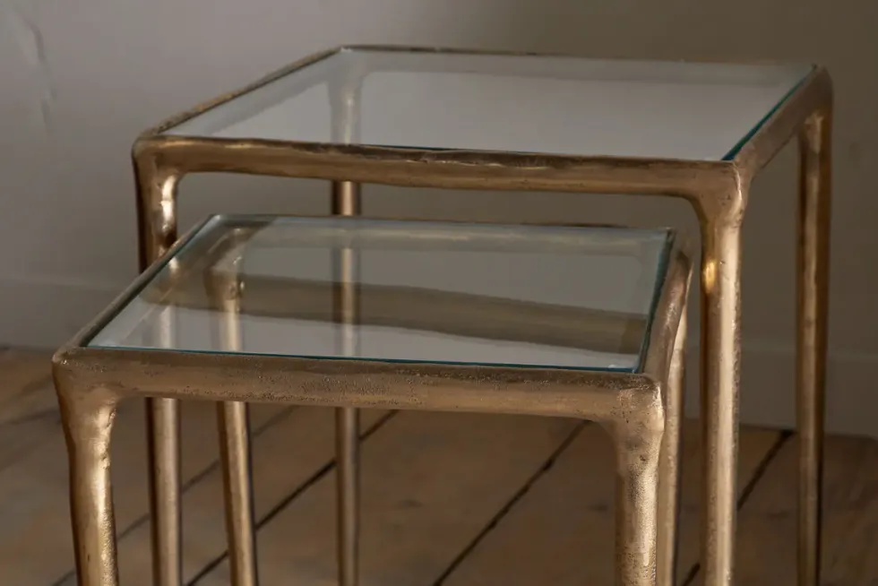 Gilasi Cast Metal & Glass Nesting Side Tables - Antique Brass (Set of 2)