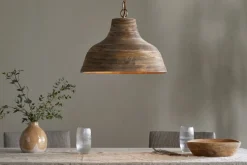 Nadi Grooved Wood Pendant - Natural & Antique Brass