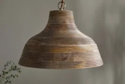 Nadi Grooved Wood Pendant - Natural & Antique Brass
