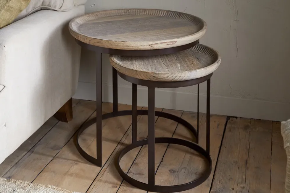 Nisha Carved Reclaimed Wood & Iron Nesting Side Tables - Natural - (Set of 2)