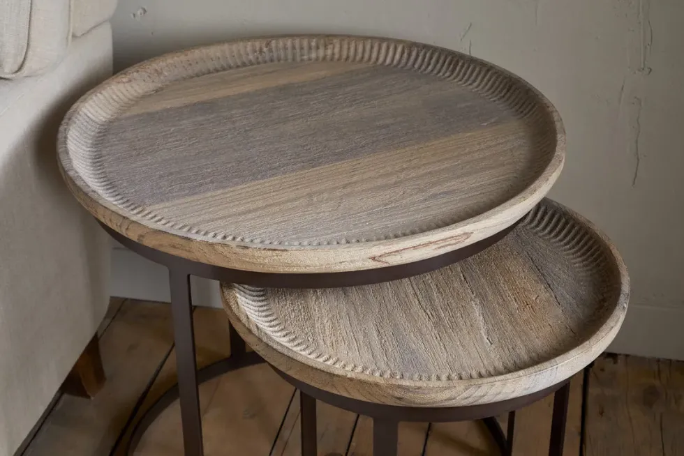 Nisha Carved Reclaimed Wood & Iron Nesting Side Tables - Natural - (Set of 2)
