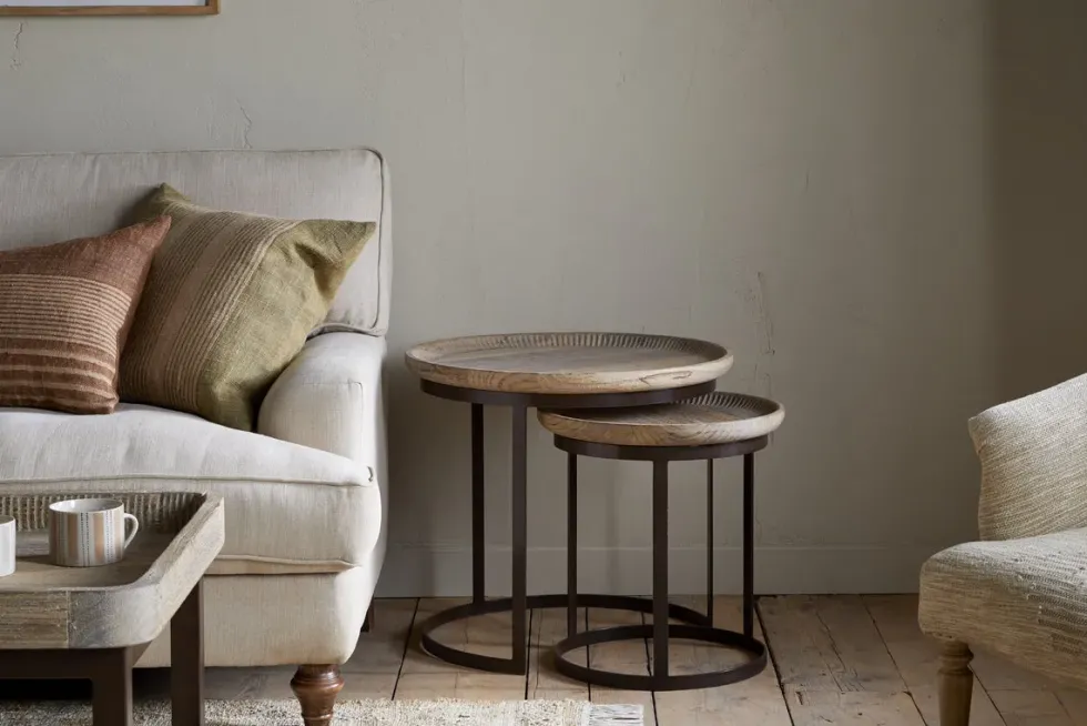 Nisha Carved Reclaimed Wood & Iron Nesting Side Tables - Natural - (Set of 2)