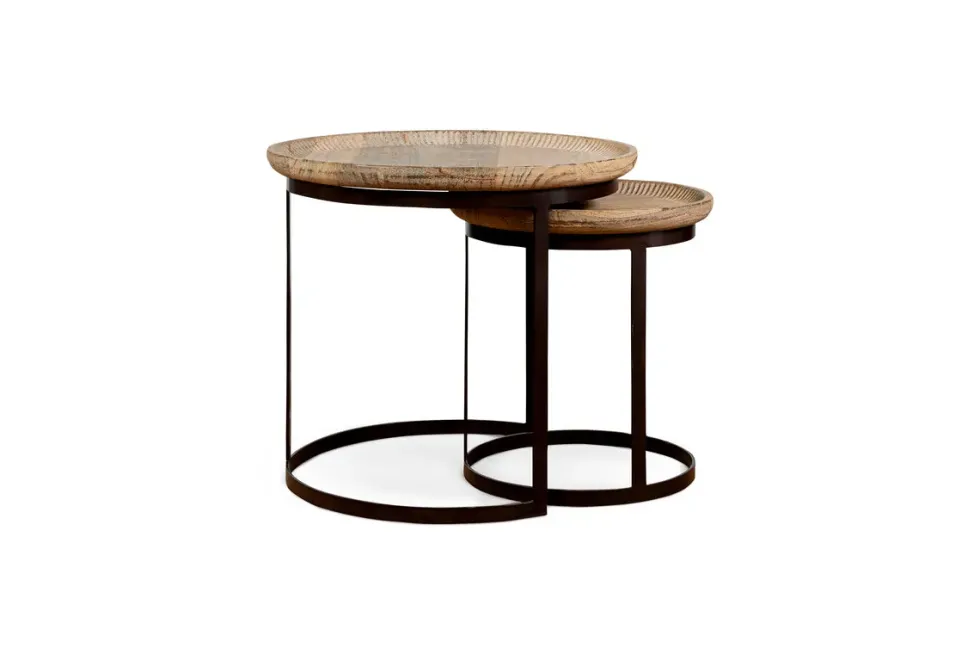 Nisha Carved Reclaimed Wood & Iron Nesting Side Tables - Natural - (Set of 2)