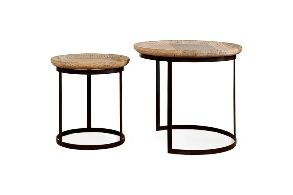 Nisha Carved Reclaimed Wood & Iron Nesting Side Tables - Natural - (Set of 2)