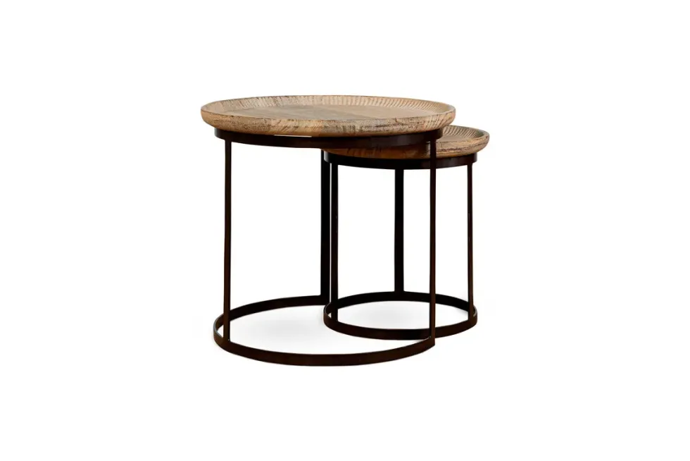 Nisha Carved Reclaimed Wood & Iron Nesting Side Tables - Natural - (Set of 2)
