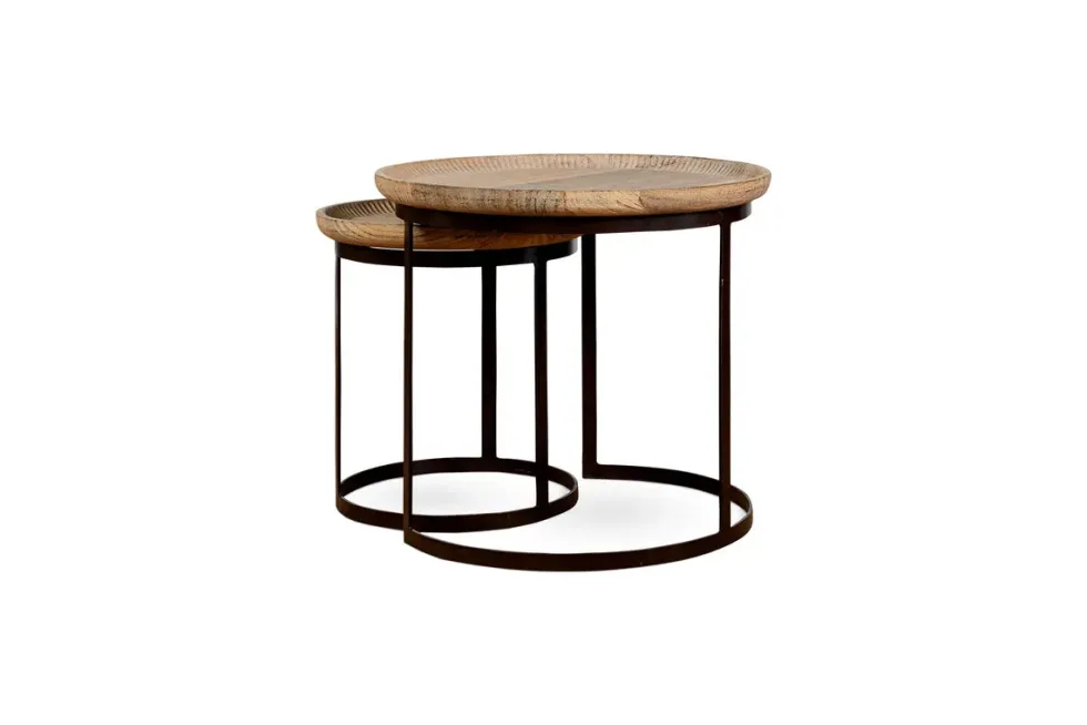 Nisha Carved Reclaimed Wood & Iron Nesting Side Tables - Natural - (Set of 2)