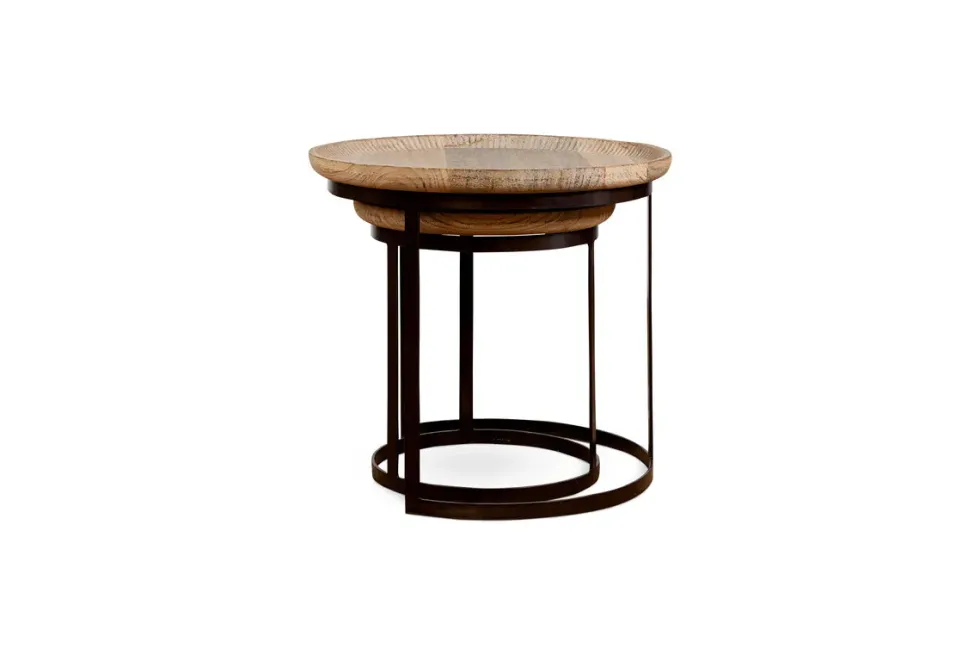 Nisha Carved Reclaimed Wood & Iron Nesting Side Tables - Natural - (Set of 2)