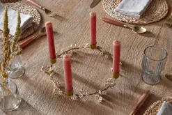 Tanu Mango Wood Beaded Candle Holder - Brass & Natural