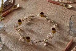 Tanu Mango Wood Beaded Candle Holder - Brass & Natural