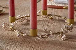 Tanu Mango Wood Beaded Candle Holder - Brass & Natural