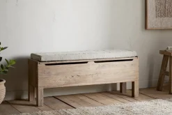 Teni Reclaimed Wood Storage Bench with Upholstered Linen Cushion - Natural
