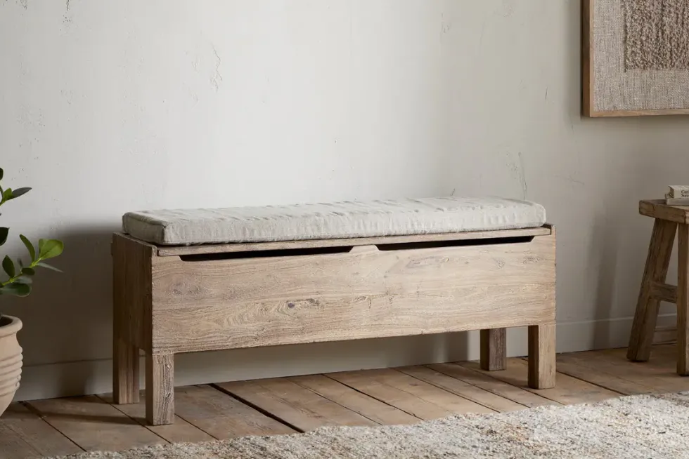 Teni Reclaimed Wood Storage Bench with Upholstered Linen Cushion - Natural
