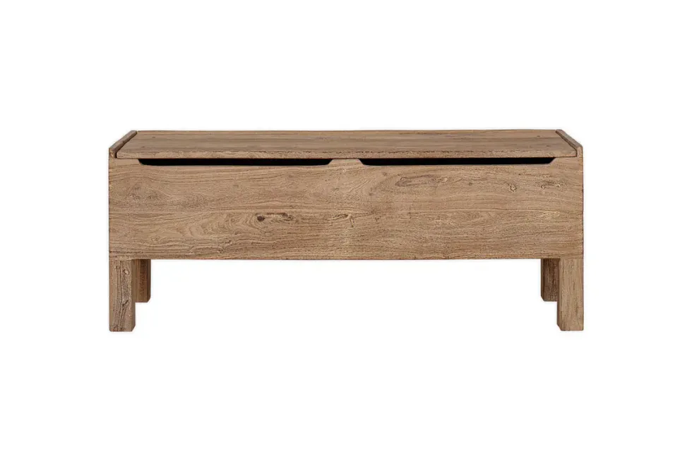 Teni Reclaimed Wood Storage Bench with Upholstered Linen Cushion - Natural