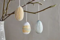 Terra Hand Painted Recycled Cotton Paper Hanging Egg - Teal, Cream & Ochre - (Set of 3)