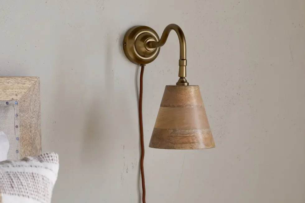 Vattu Mango Wood Plug In Wall Lamp - Natural & Antique Brass